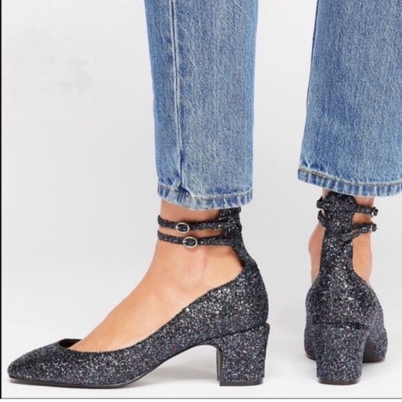 NWT Free People Lana Glitter Block 8 Heels Ankle Strap Blue Black Women's 38 7.5 - Picture 2 of 11